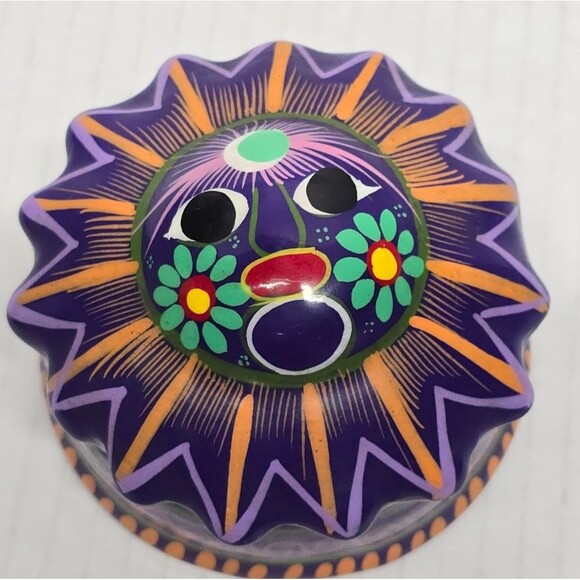 Mexican Talavera Sun Face Trinket Box Pottery Folk Art Purple and Orange - Picture 2 of 8